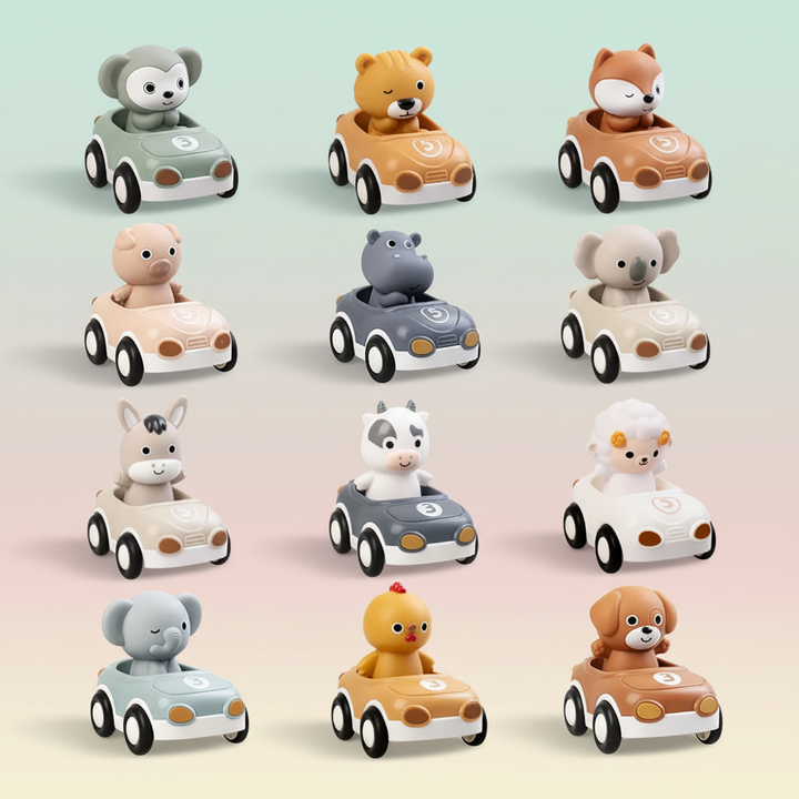 Twelve animal figures riding in colorful toy cars, arranged in four rows