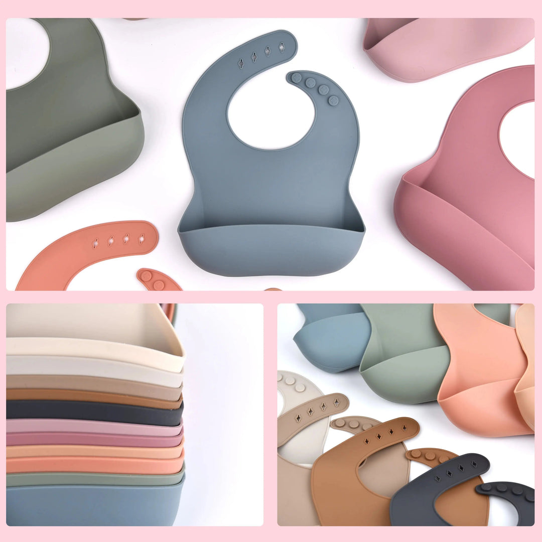 Collage of silicone bibs showing front pockets, stacked colors and adjustable neck closures.