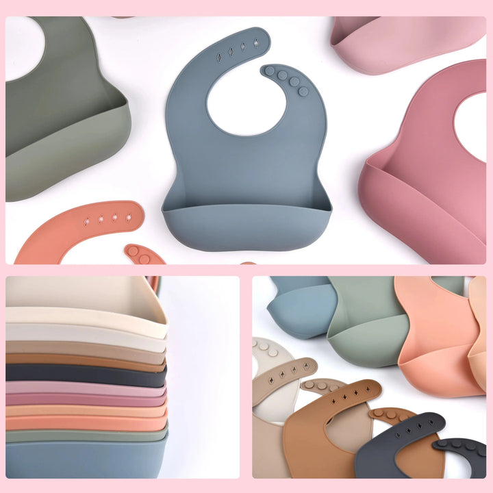 Collage of silicone bibs showing front pockets, stacked colors and adjustable neck closures.