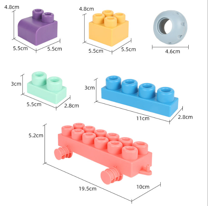 Dimensions of square and rectangular silicone blocks, a vehicle base, and a wheel