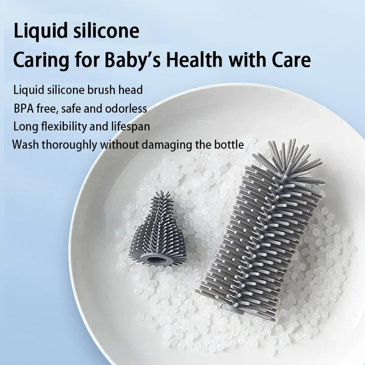 Silicone bottle brush and nipple brush heads resting in a white bowl