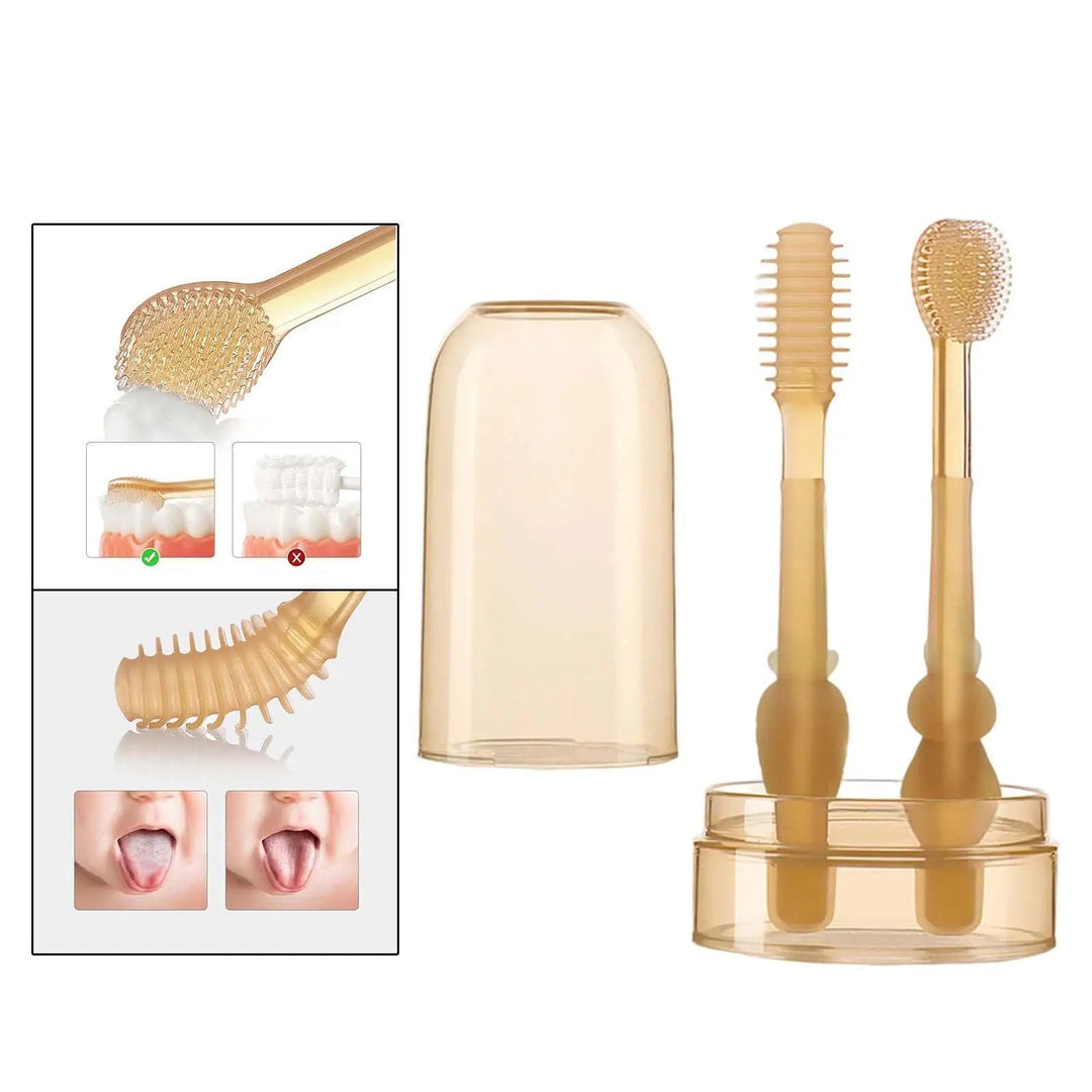 Storage cup, separate lid and two silicone baby toothbrushes with enlarged brush-head details
