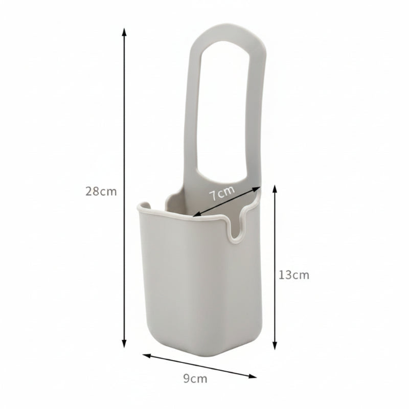 Gray silicone cup holder diagram showing 28 cm overall height and a 13 cm cup section.