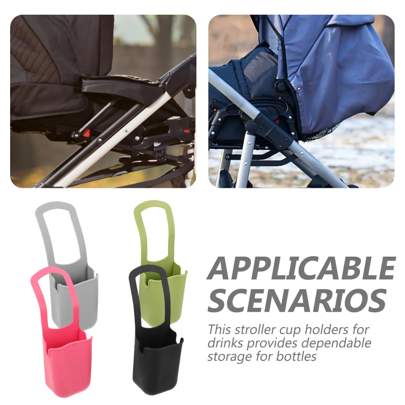 Stroller attachment examples alongside gray, green, pink, and black silicone cup holders.