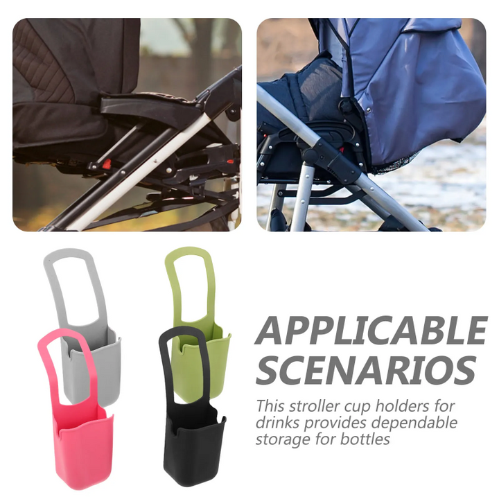 Stroller attachment examples alongside gray, green, pink, and black silicone cup holders.