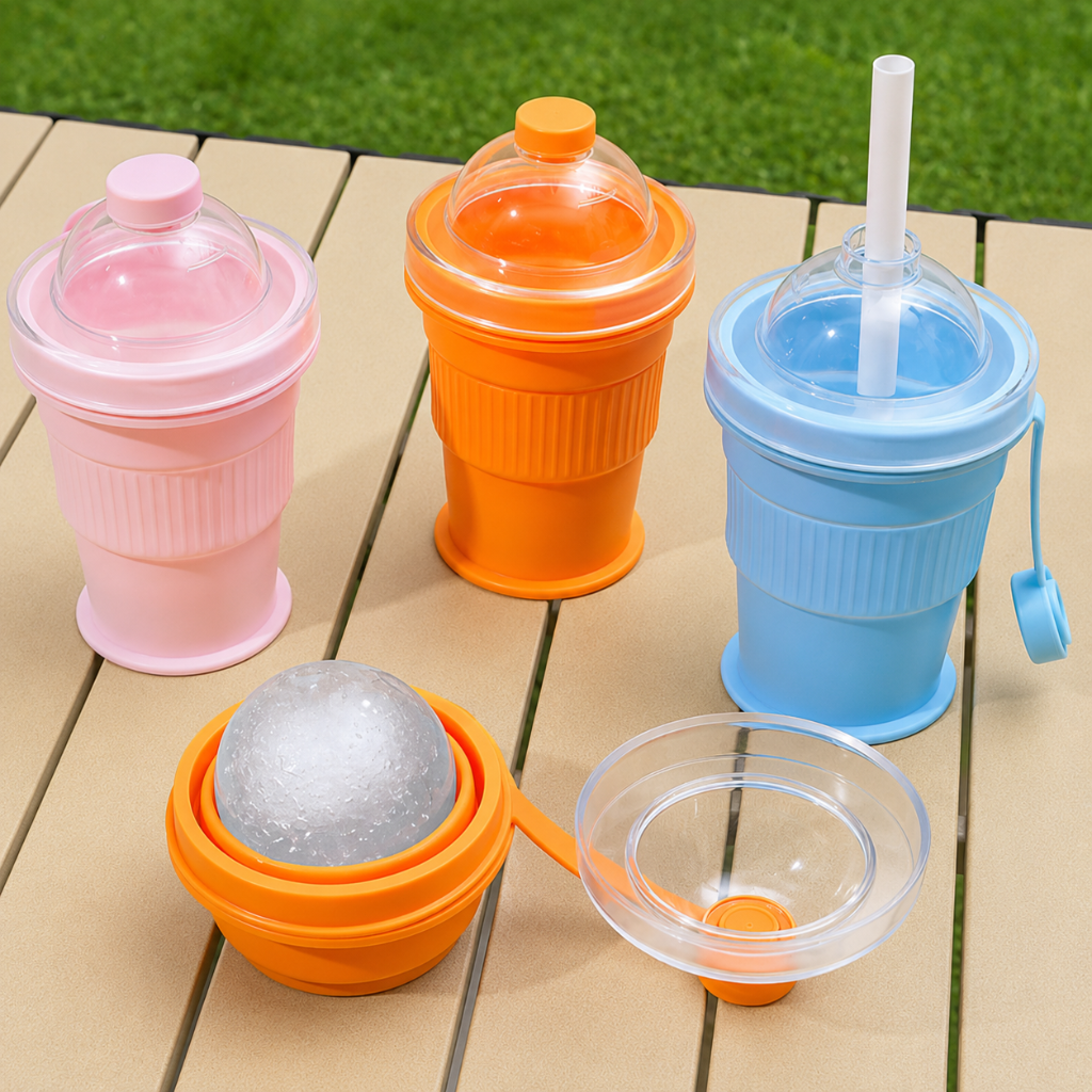 Pink, orange, and blue silicone cups shown expanded, with an orange cup folded beside its lid