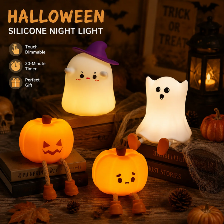 Four silicone Halloween night lights with touch-dimming and timer callouts
