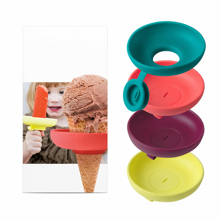 Silicone ice cream holders in four colors, shown with a cone and an ice pop