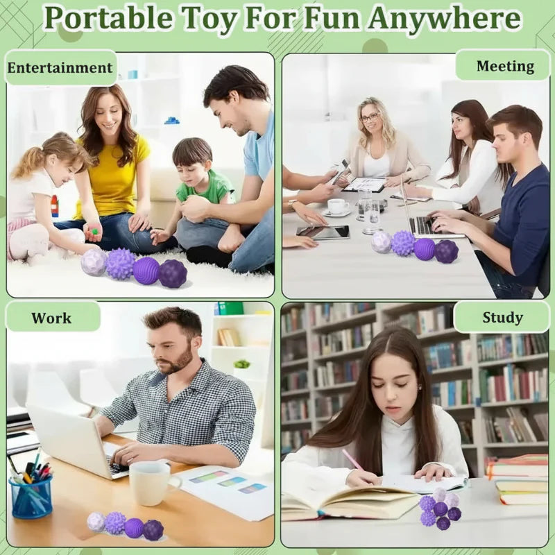 Magnetic silicone fidget balls shown during family play, a meeting, desk work, and studying