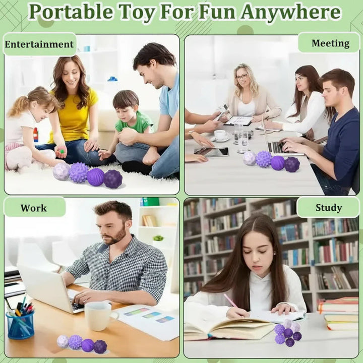 Magnetic silicone fidget balls shown during family play, a meeting, desk work, and studying