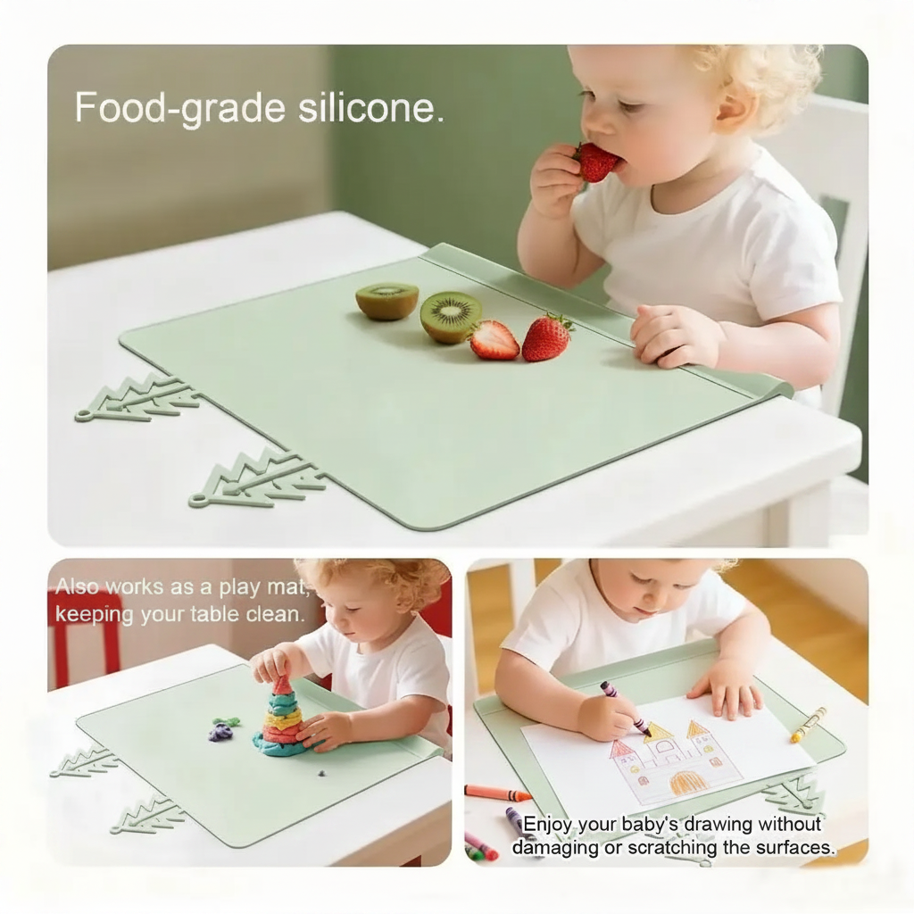 Silicone placemat shown during mealtime, dough play, and drawing