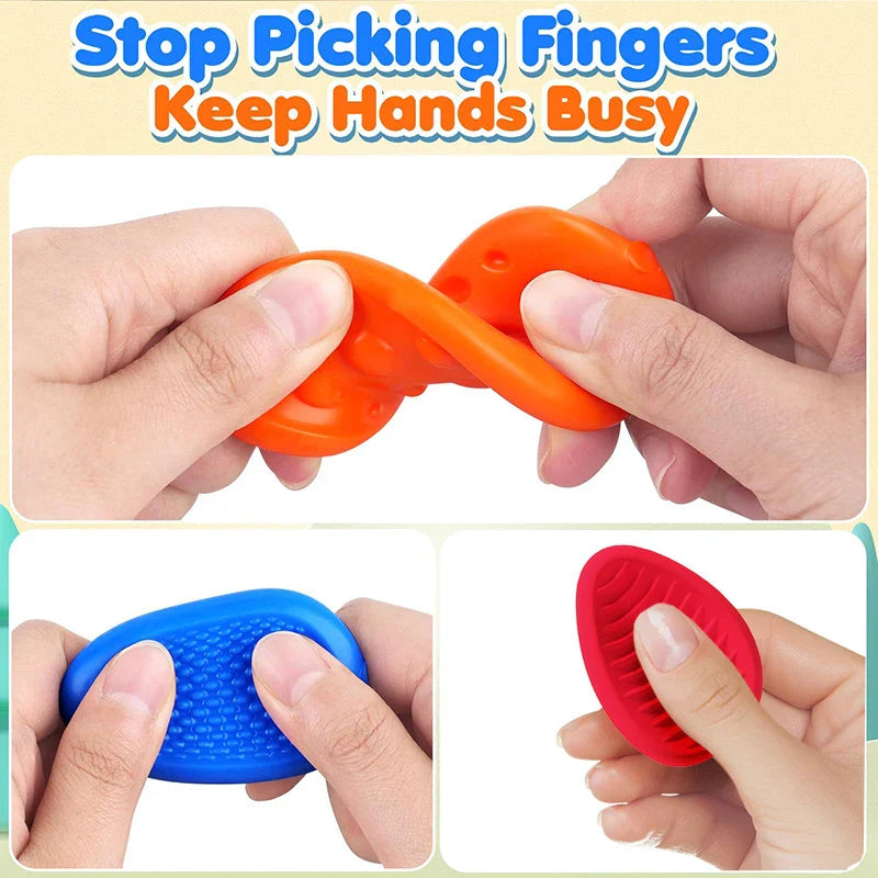 Hands bending an orange silicone stone and rubbing blue and red textured stones