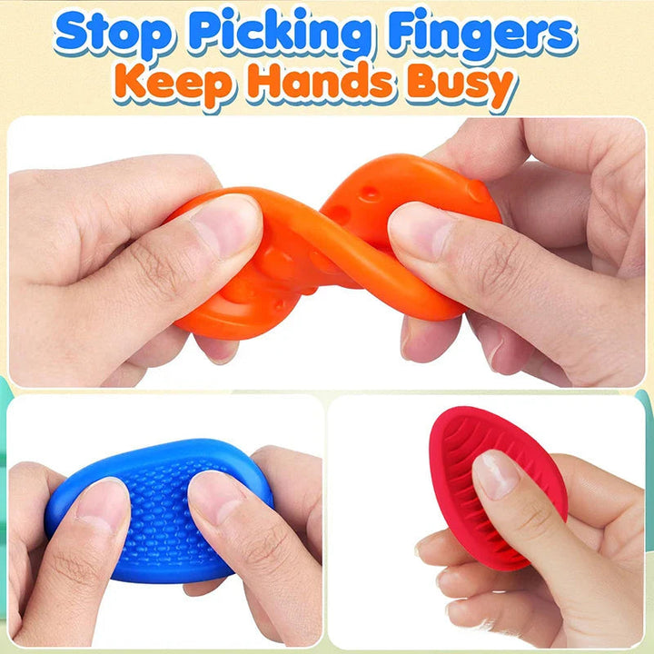 Hands bending an orange silicone stone and rubbing blue and red textured stones