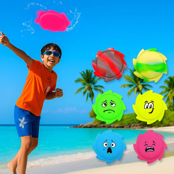Beach play scene with a child and colorful silicone water flying discs