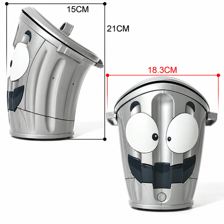 Trash can game measurement graphic showing 21 cm height, 18.3 cm width, and 15 cm depth.