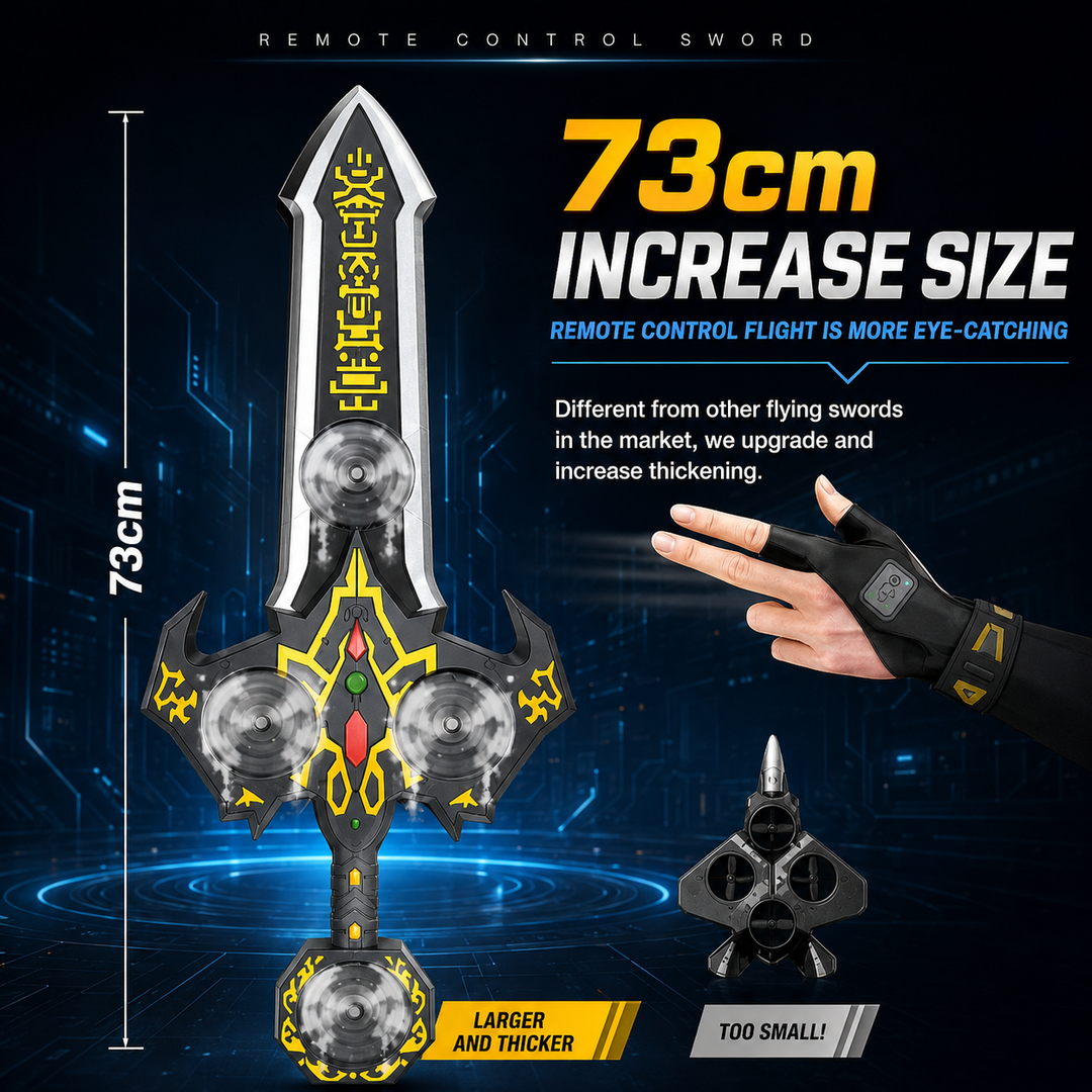 Silver-and-gold flying sword pictured with a 73 cm length label and wearable controller