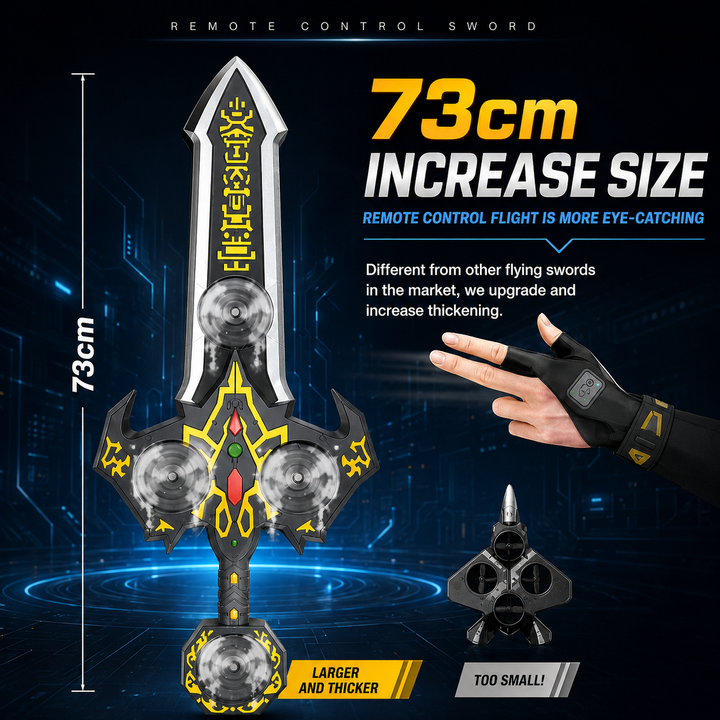 Silver-and-gold flying sword pictured with a 73 cm length label and wearable controller