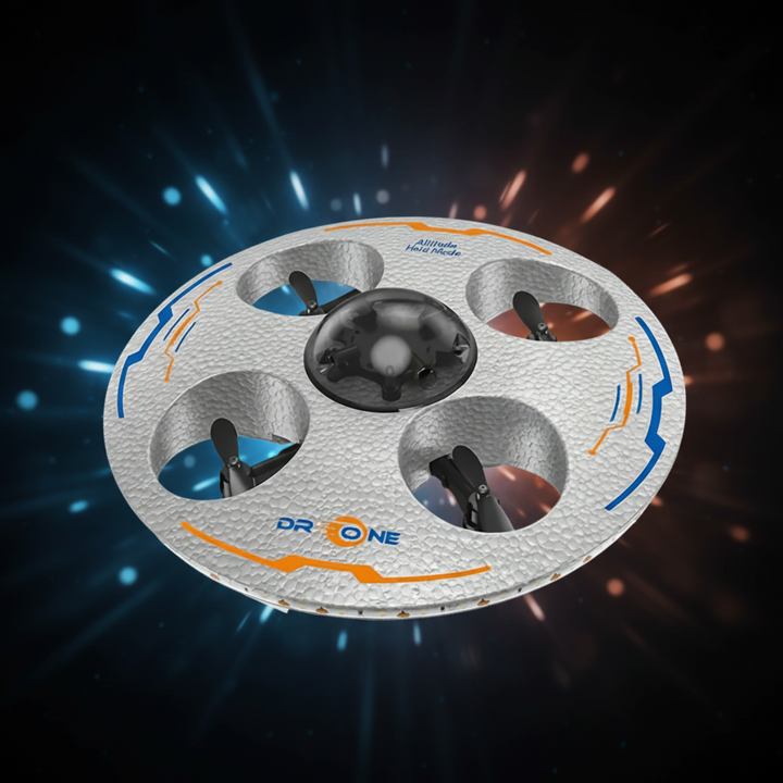 Silver RC UFO drone with blue and orange accents and four propellers
