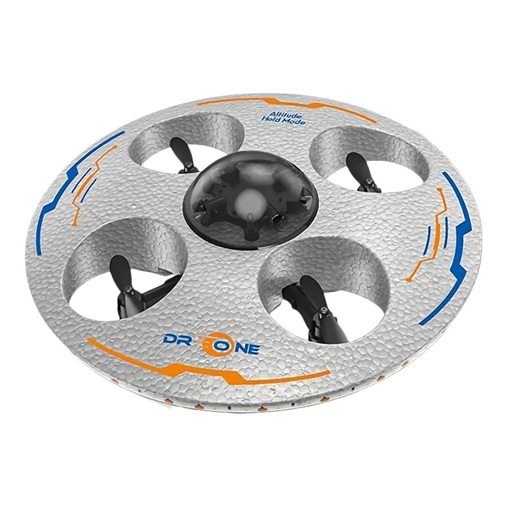 Silver UFO toy drone with blue and orange detailing, a central dome and four propellers