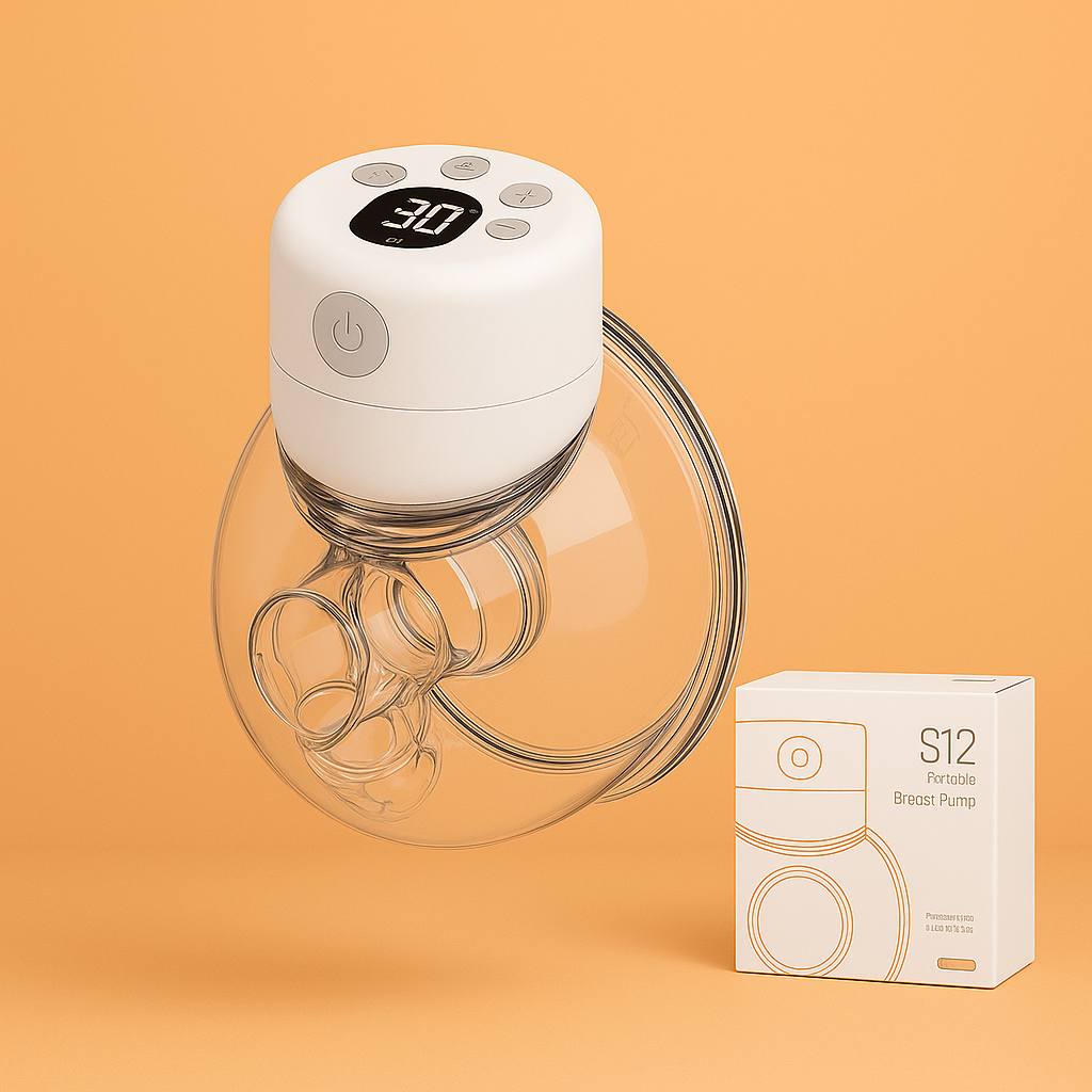 Single white wearable electric breast pump with a clear collection cup and product box