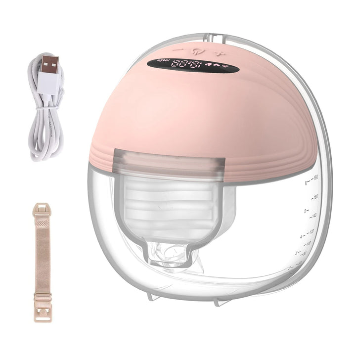 Single pink breast pump with one USB charging cable and one bra clip