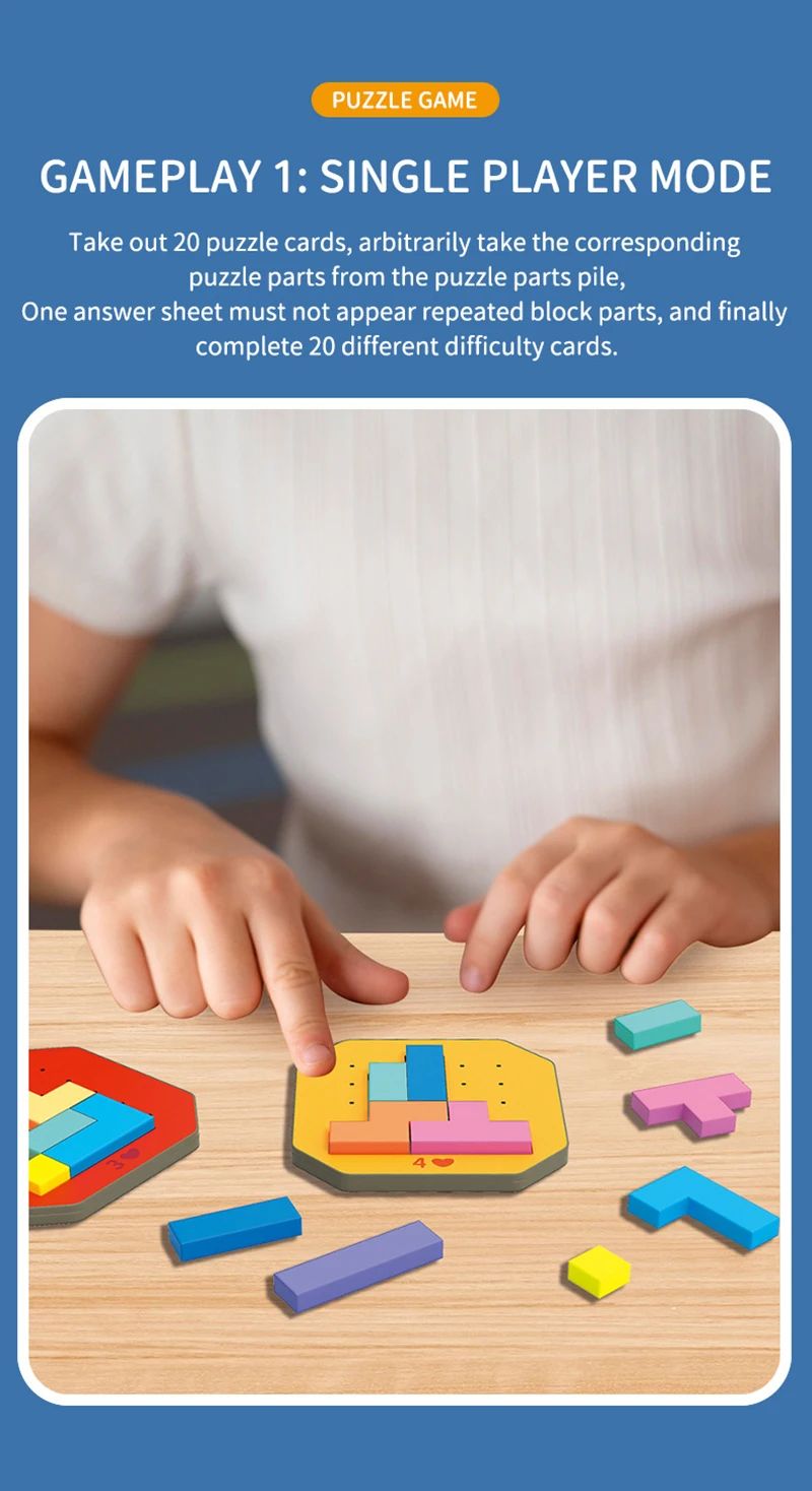 A child fitting colorful geometric pieces into a yellow puzzle card during solo play