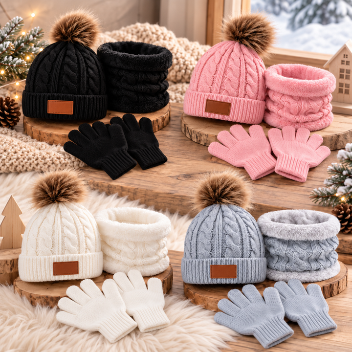 Black, pink, white, and gray winter sets with single-pom-pom hats, matching scarves, and gloves