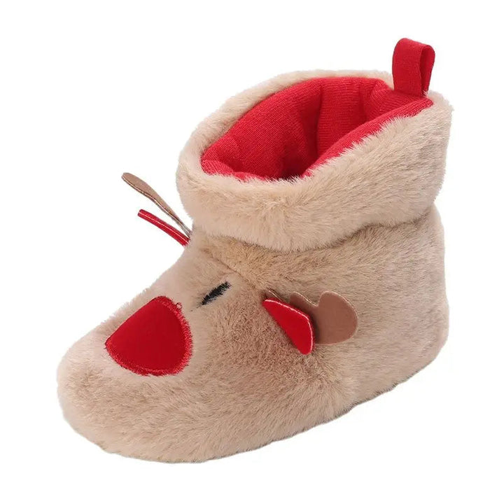 Single tan reindeer baby slipper with a red nose, small antlers and a plush cuff