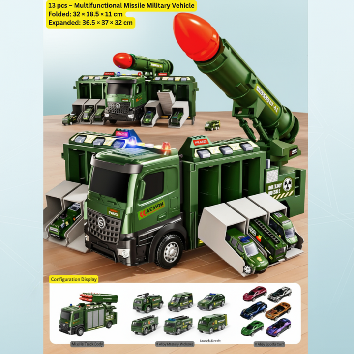 Single-rocket 13-piece military toy truck set with green miniature vehicles and colorful toy cars