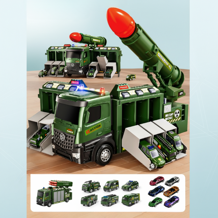 Single-rocket military toy truck shown closed and expanded, with miniature vehicles and toy cars