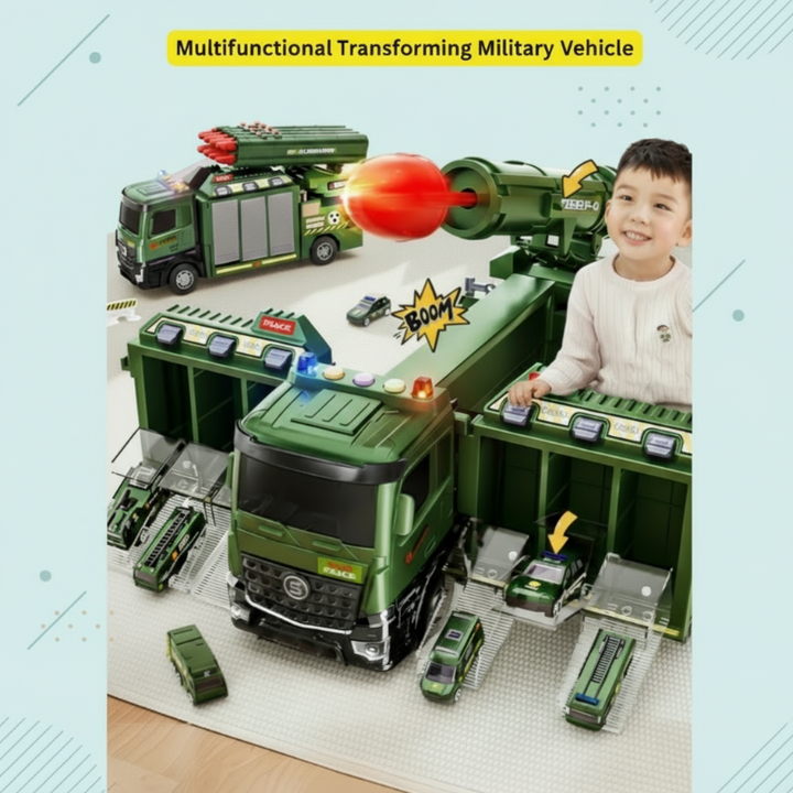 Child beside a green military toy truck shown in closed and expanded configurations