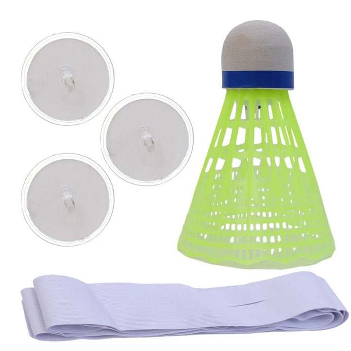 Single green badminton shuttle with three round mounts and bundled cord accessories