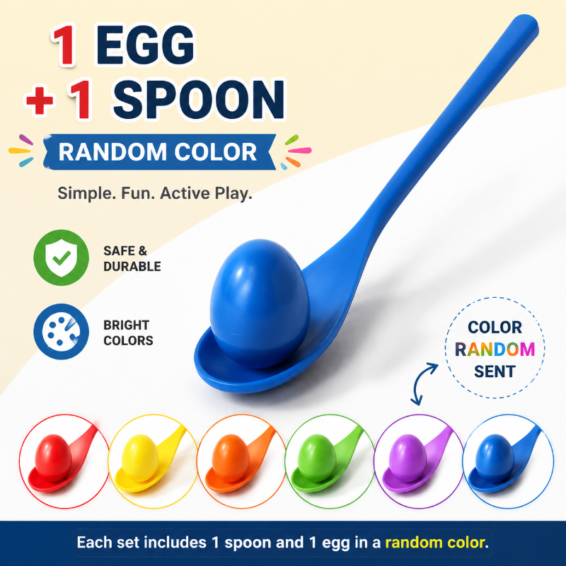 Single blue wooden spoon and egg shown with a guide to randomly selected colors.