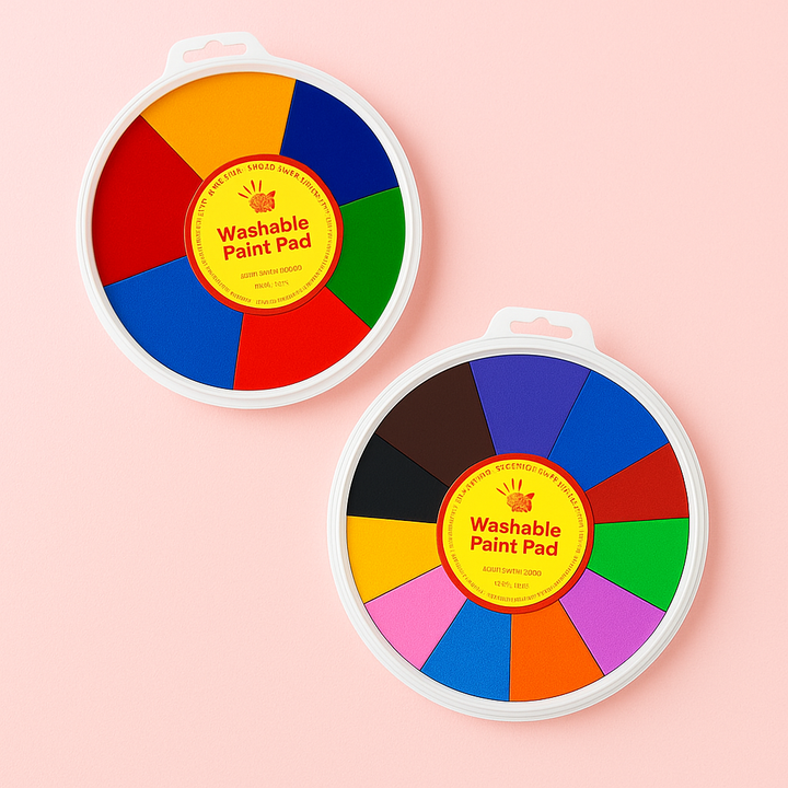 Two round finger paint pads showing six-color and twelve-color layouts