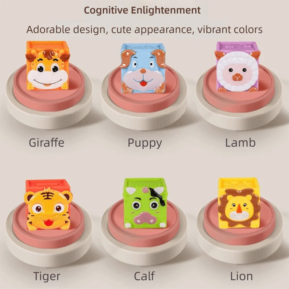 Giraffe, puppy, lamb, tiger, calf and lion blocks displayed separately
