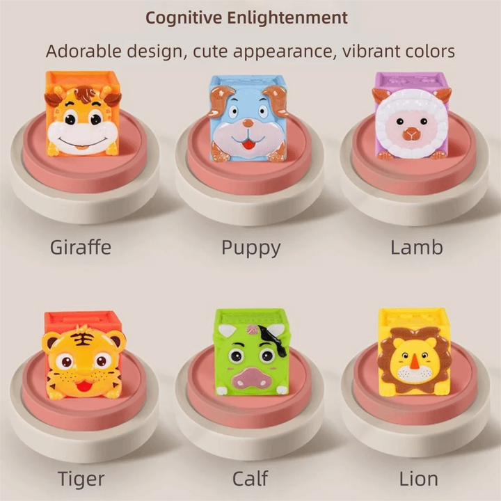 Giraffe, puppy, lamb, tiger, calf and lion blocks displayed separately