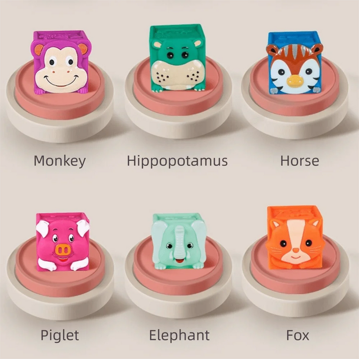 Monkey, hippopotamus, horse, pig, elephant and fox blocks displayed separately