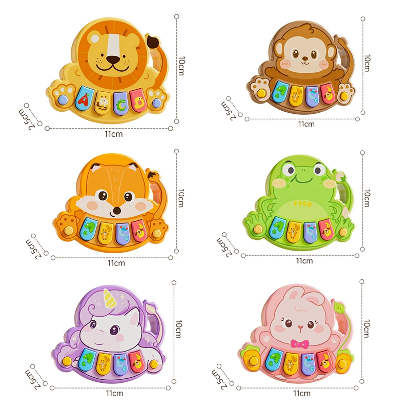 Size chart showing six animal piano designs, each measuring 11 x 10 x 2.5 cm