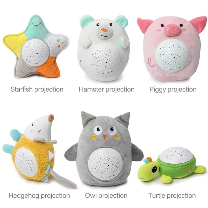 Starfish, hamster, pig, hedgehog, owl, and turtle plush projector designs
