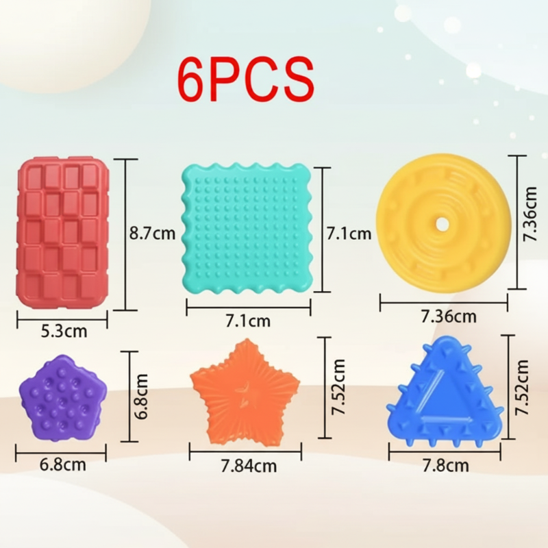 Six assorted textured silicone shapes with individual width and height measurements