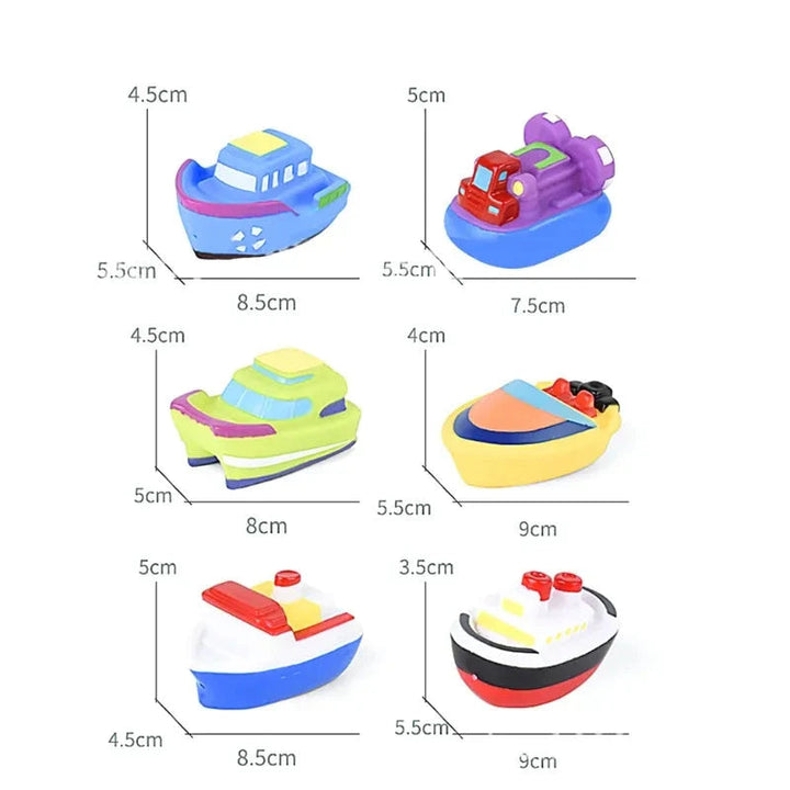 Measurement chart showing the dimensions of all six bath toy boat designs