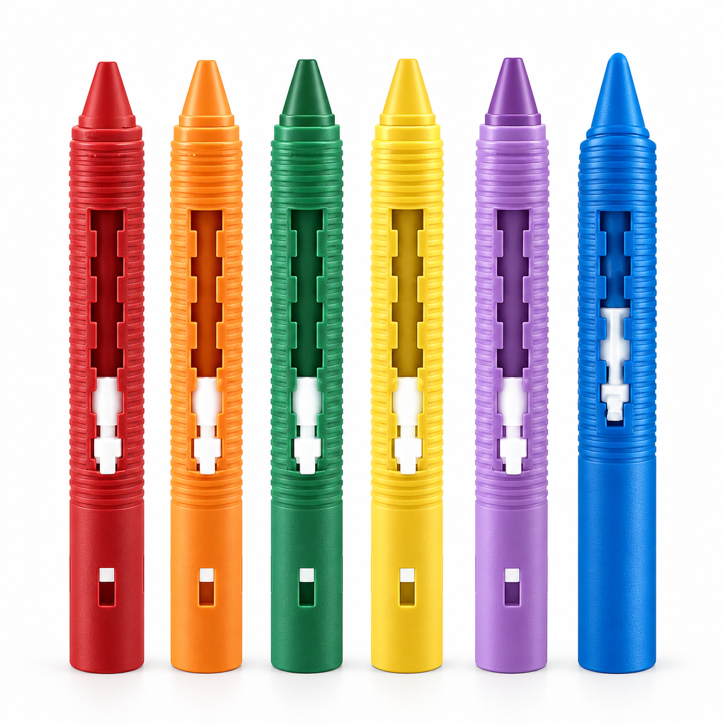 Six bath crayons in red, orange, green, yellow, purple and blue against a white background.
