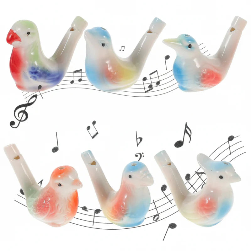 Six glazed ceramic bird water whistles in assorted hand-painted colors