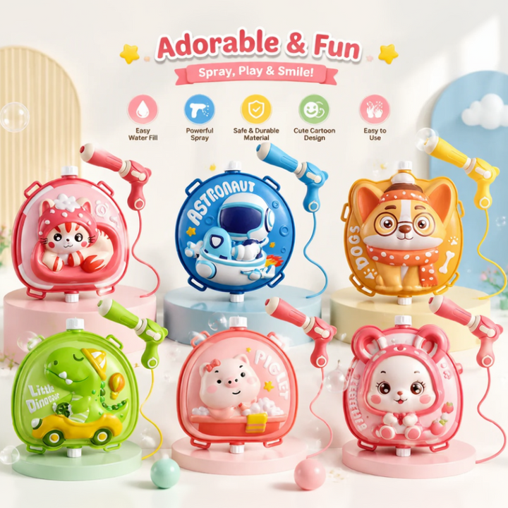 Six cartoon backpack water blaster designs with matching handheld water guns