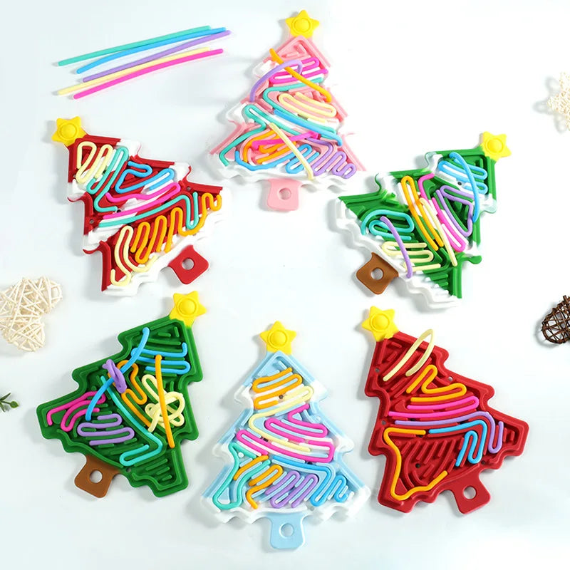 Six Christmas tree fidget designs with colorful cords arranged in their grooves