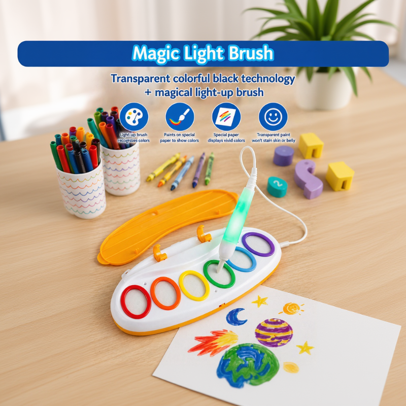 Six-color drawing base and illuminated pen beside a space-themed drawing