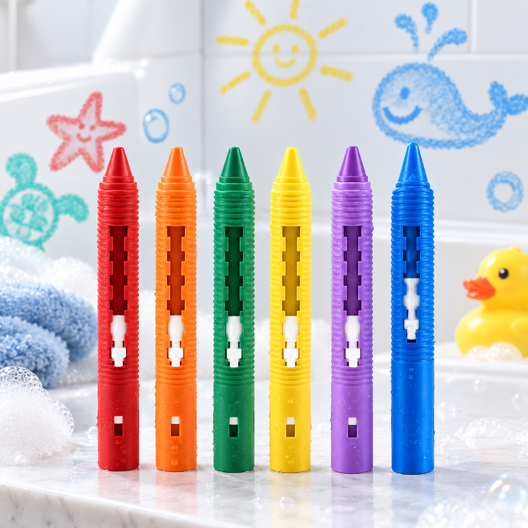 Six bath crayons in red, orange, green, yellow, purple and blue beside a tub with colorful drawings.