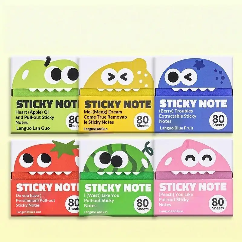 Six colorful cartoon sticky note packs arranged in two rows