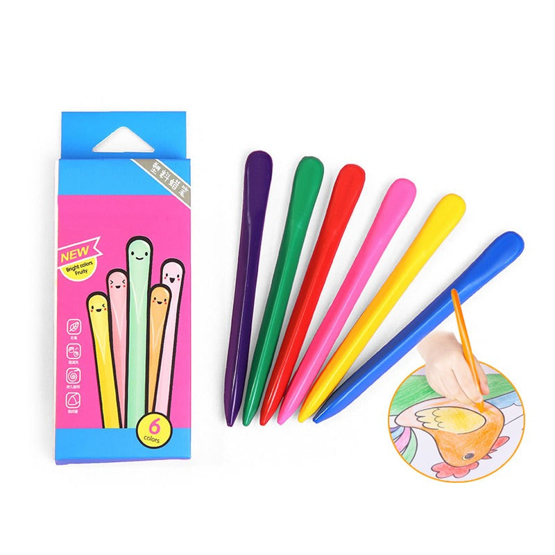 Six bright crayons beside a blue and pink box