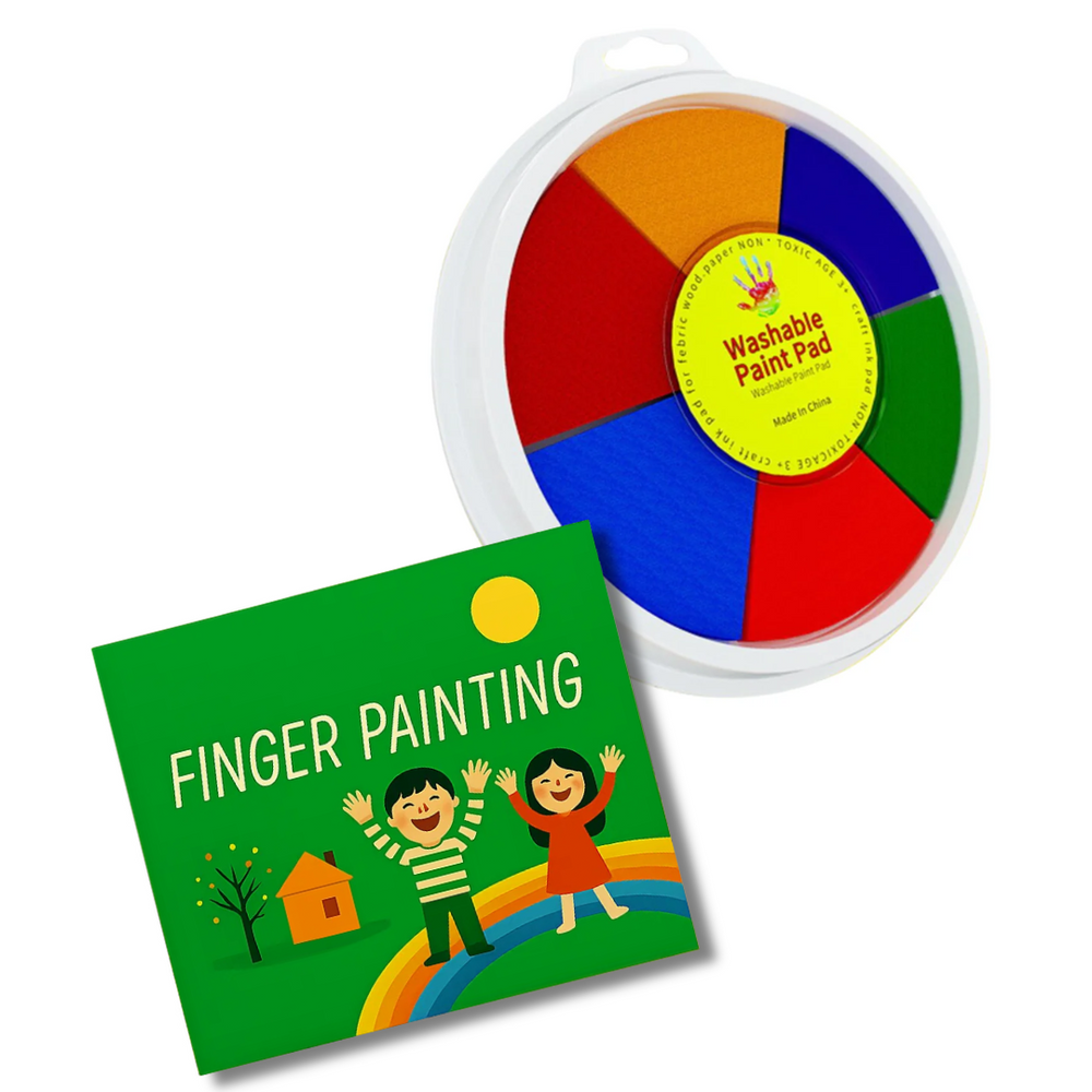 Six-color finger paint pad with a green finger painting activity book